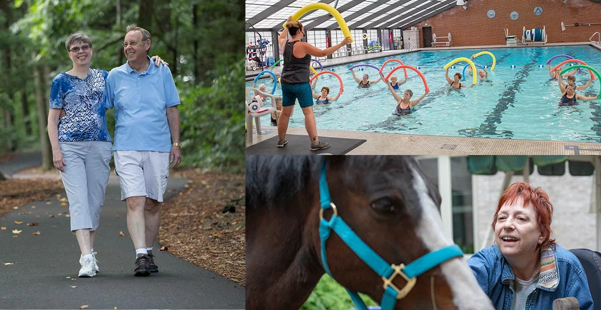 Collage of wellness opportunities at Masonic Village including aquatic classes, animal therapy and walking on trails outdoors.
