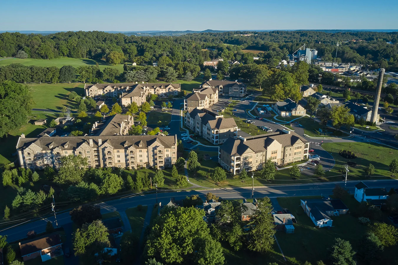 Aerial view of townhome buildings in Sycamore Square.