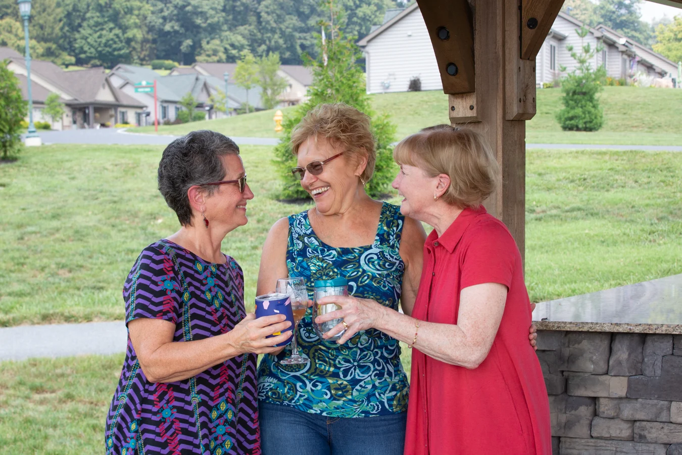 858A3592 Women raising wine glasses while standing outdoors together.
