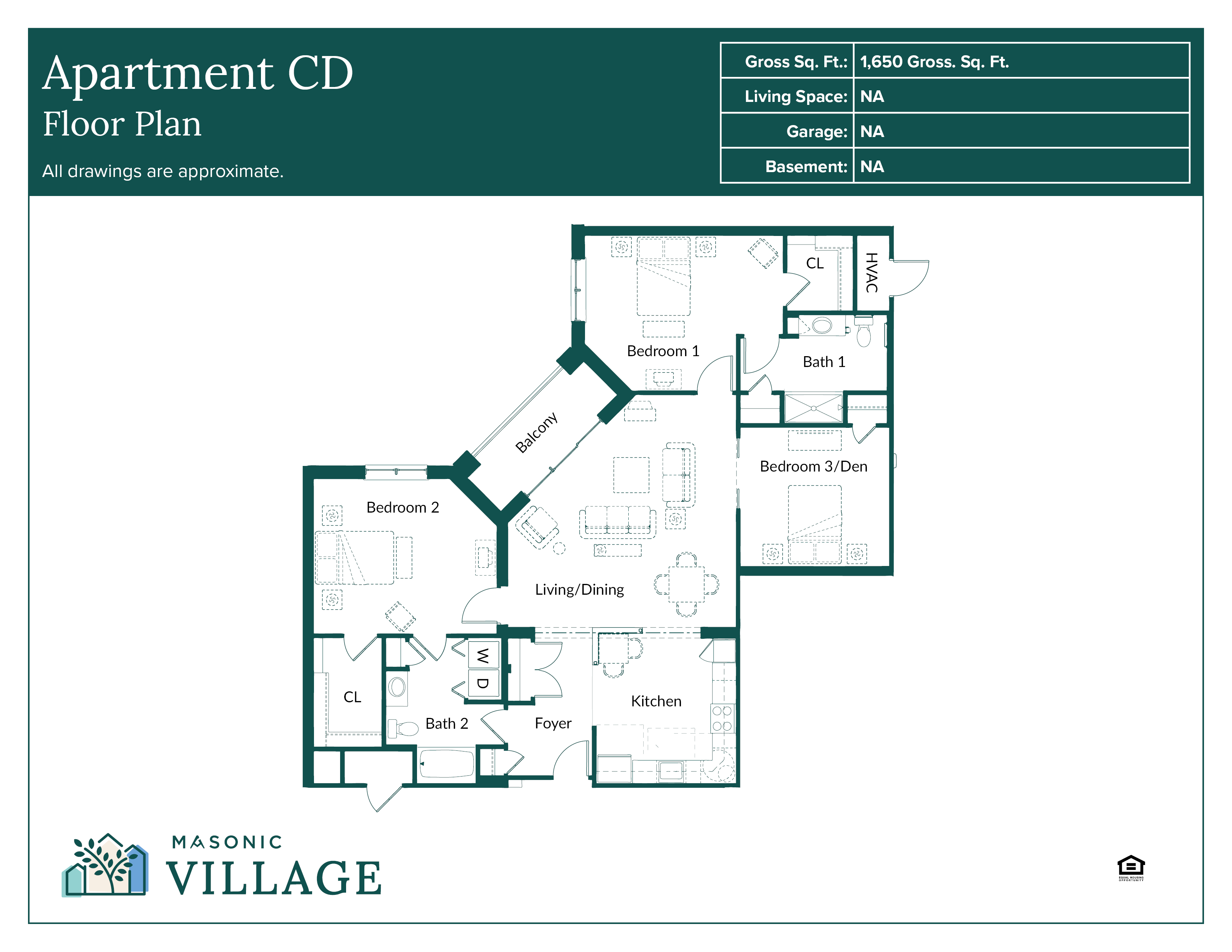 Apartment CD, a floor plan with two baths, two bedrooms, living area, kitchen, third bedroom or den and balcony.