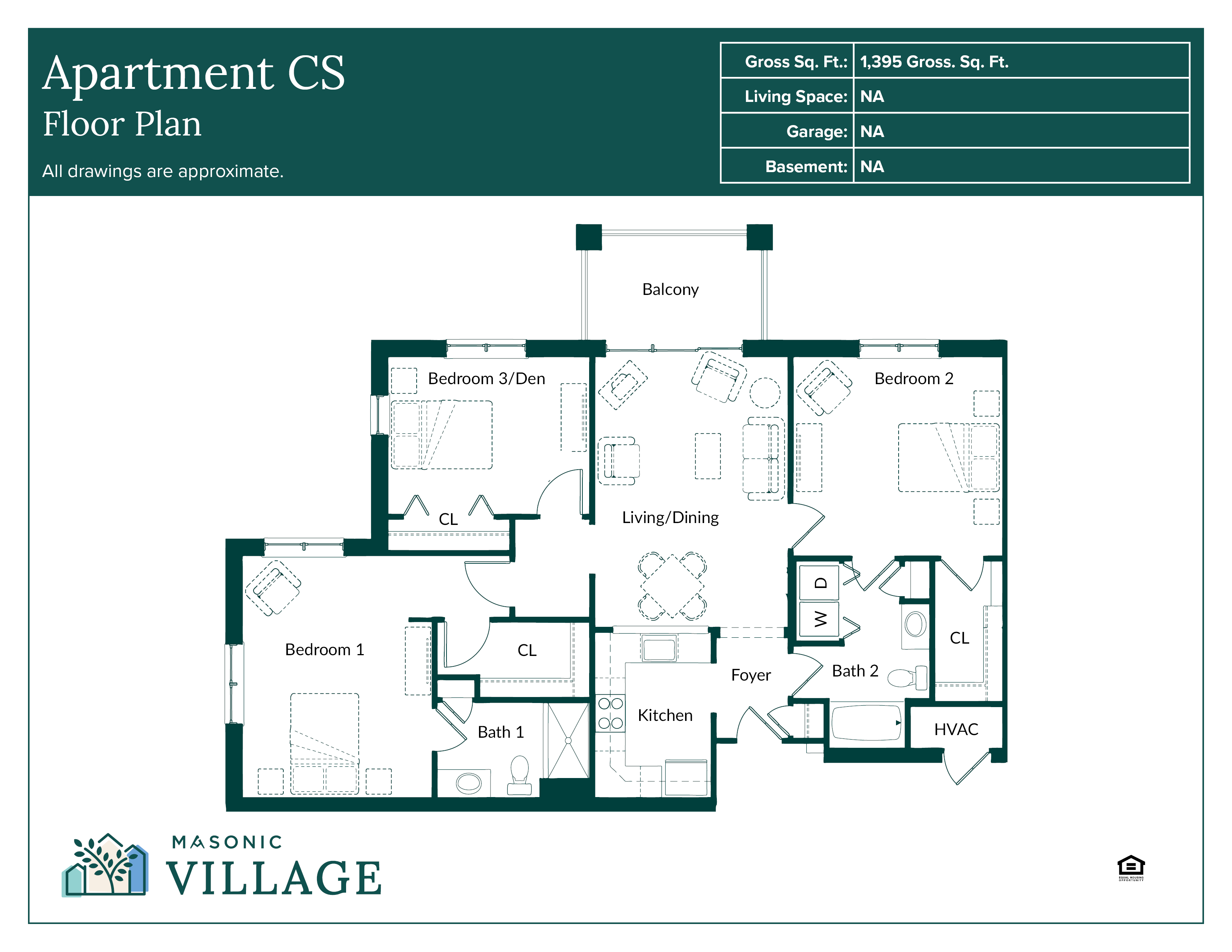 Apartment CS, a floor plan with two baths, two bedrooms, living area, kitchen, third bedroom or den and balcony.