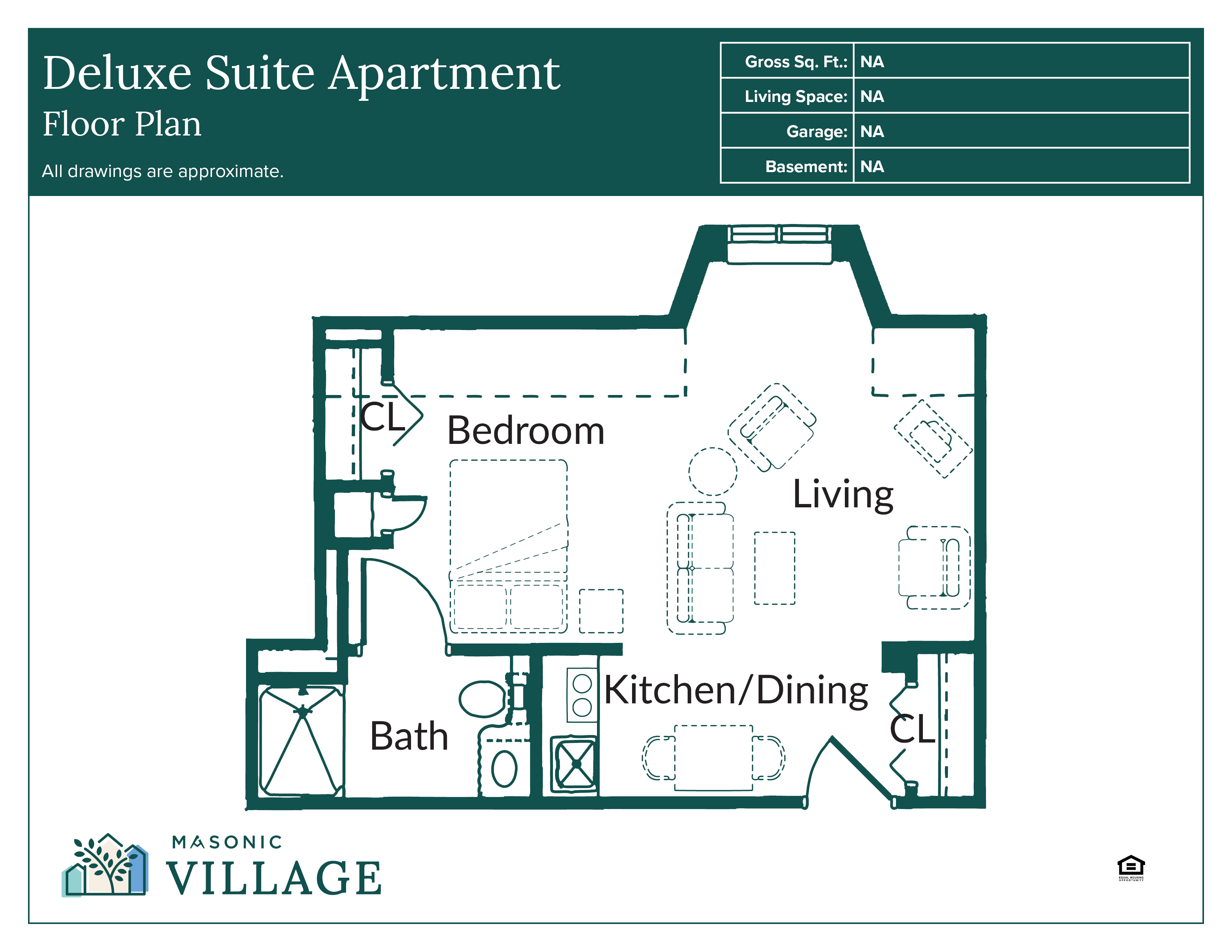 Deluxe Suite Apartment, an open floor plan with a bedroom area, bathroom, living area and kitchen.